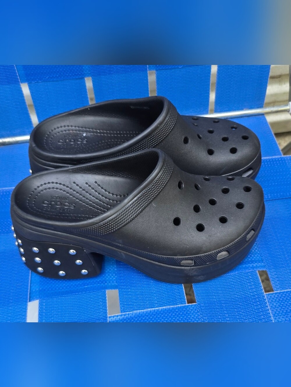CROCS Siren Studded Black Platform Clog Sandals with Studded Block Heel M9 W11